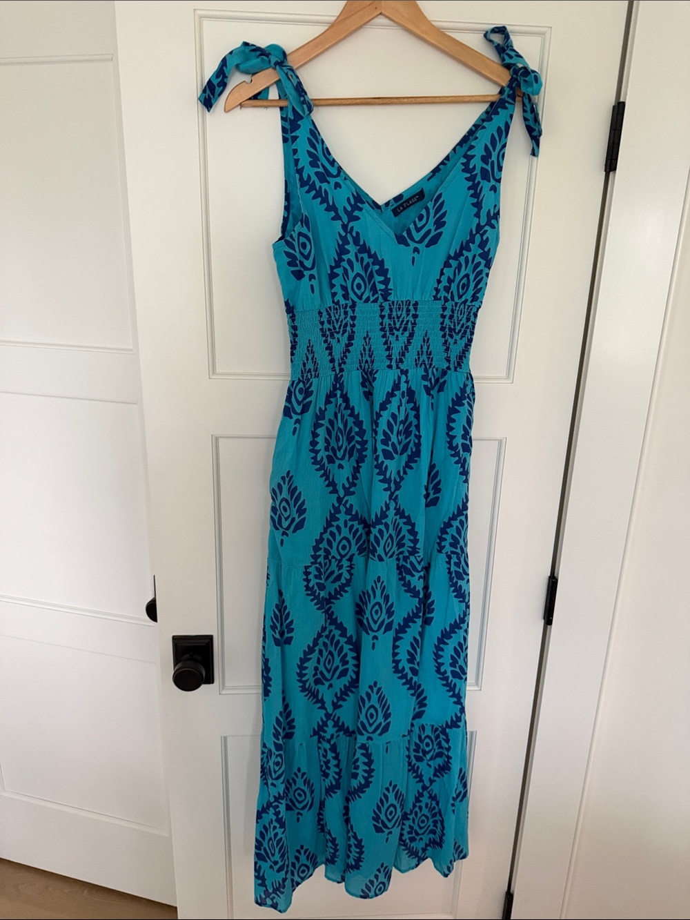Tie-Shoulder Aqua Maxi Dress with Navy Ikat Print